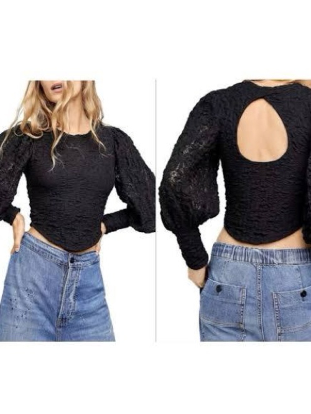 Free People Black Tea Time Cutout Puff Sleeve Open Back Crop Top (S)